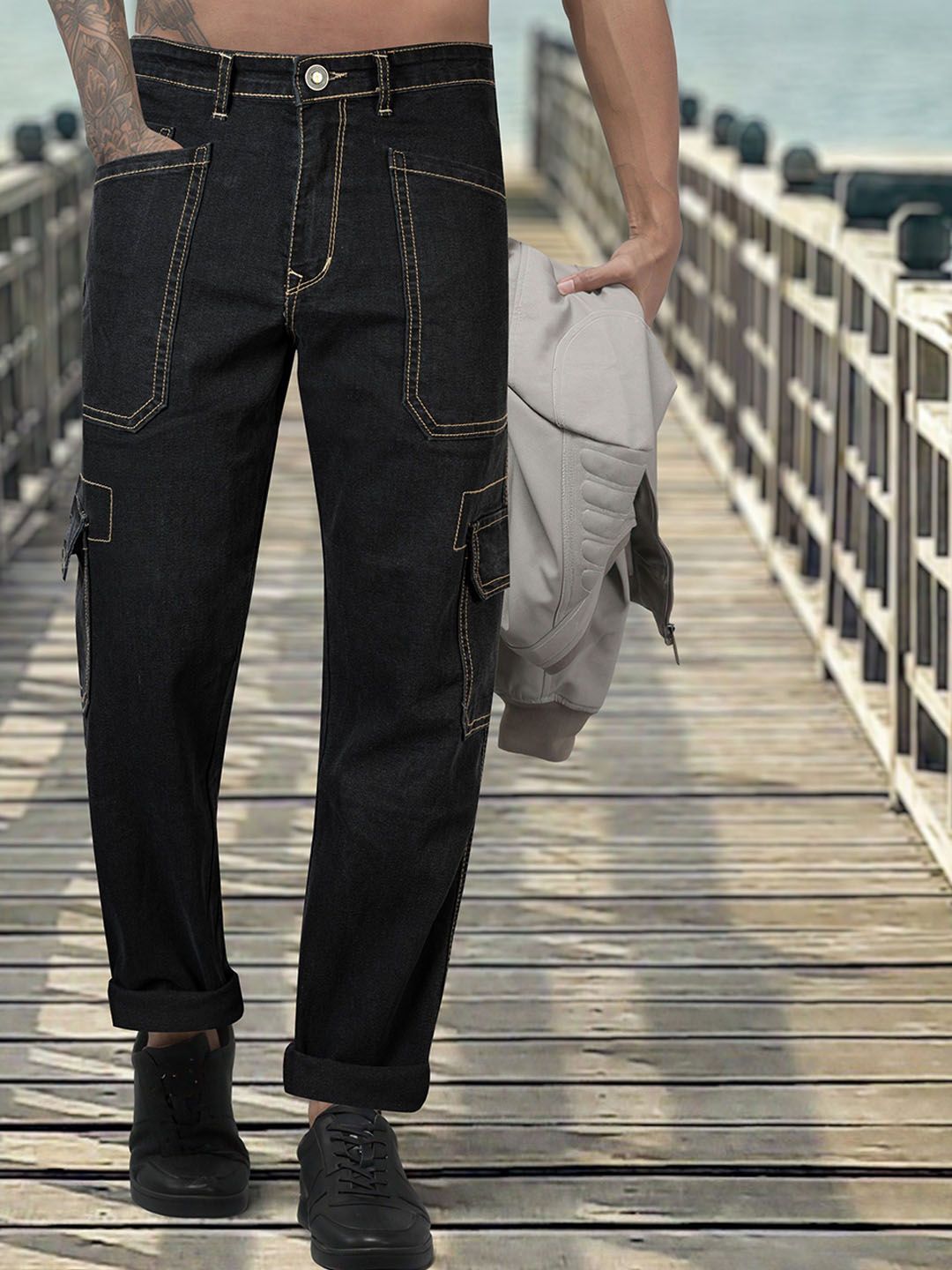 RIG BONE Men Loose Relaxed Fit Mid-Rise Light Fade Stretchable Cargo Styles Jeans