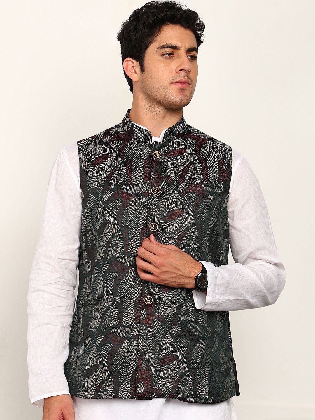 House of Pataudi Woven Design Mandarin Collar Nehru Jacket