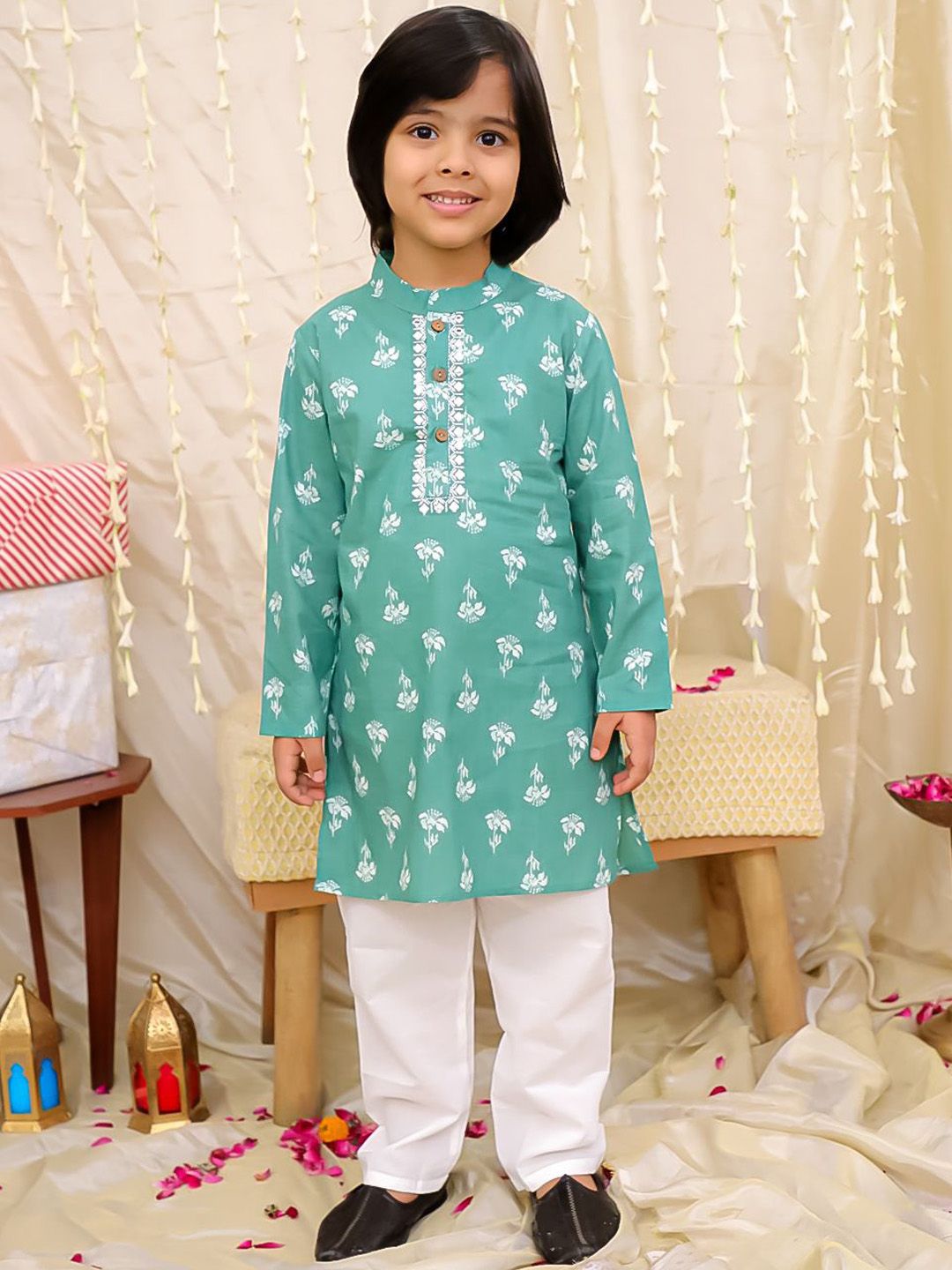 KID1 Boys Floral Printed Regular Straight Pure Cotton Knee Length Kurta Set