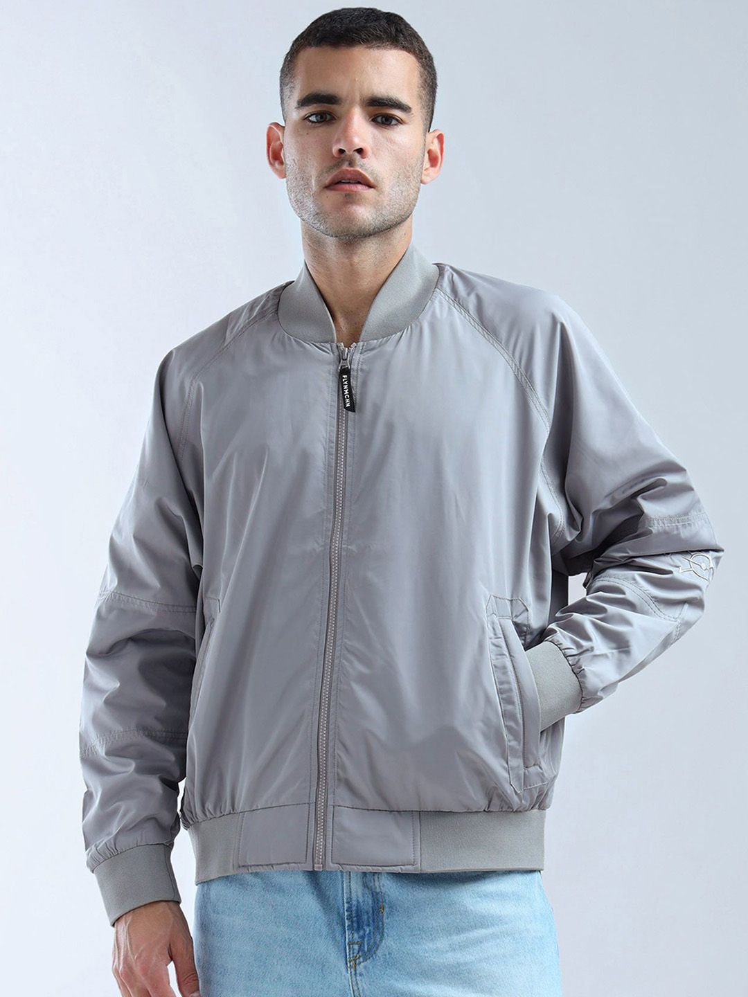 Flying Machine Men Stand Collar Solid Casual Bomber Jacket