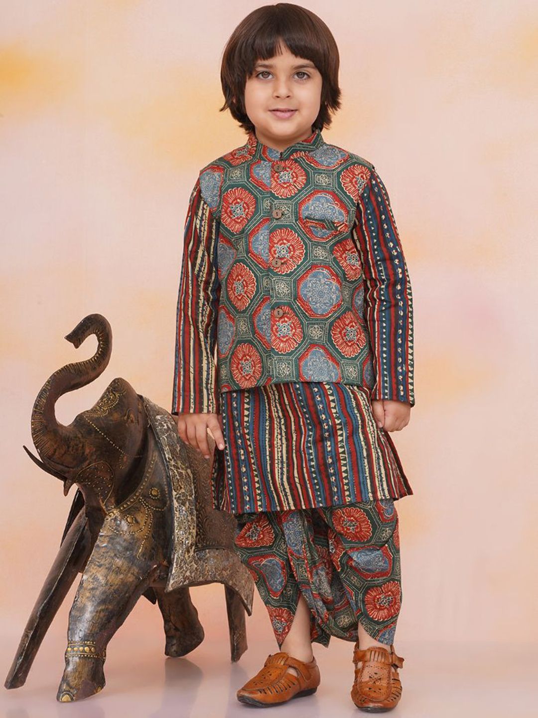 KID1 Boys Striped Pure Cotton Straight Kurta With Trousers And Jacket