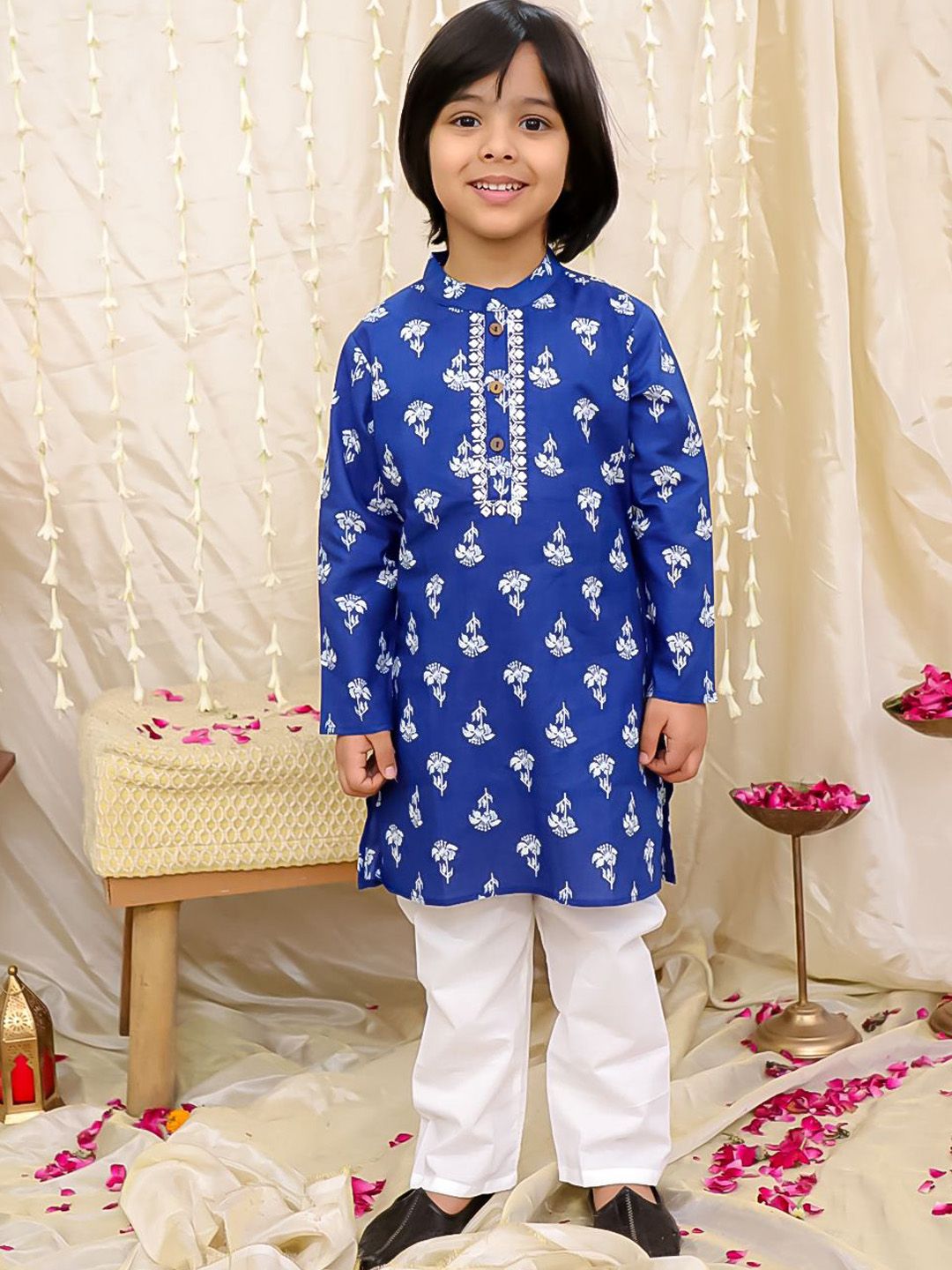 KID1 Boys Floral Printed Mandarin Collar Pure Cotton Kurta With Pyjamas