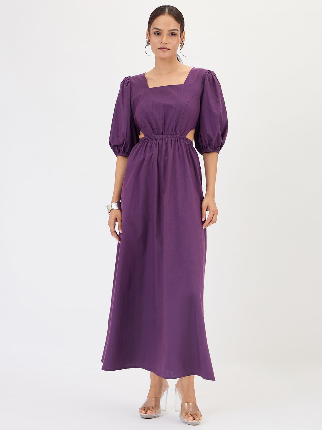 FEMMELLA Women Solid Cut-Outs Puff Sleeve Fit and Flare Cotton Midi Dress