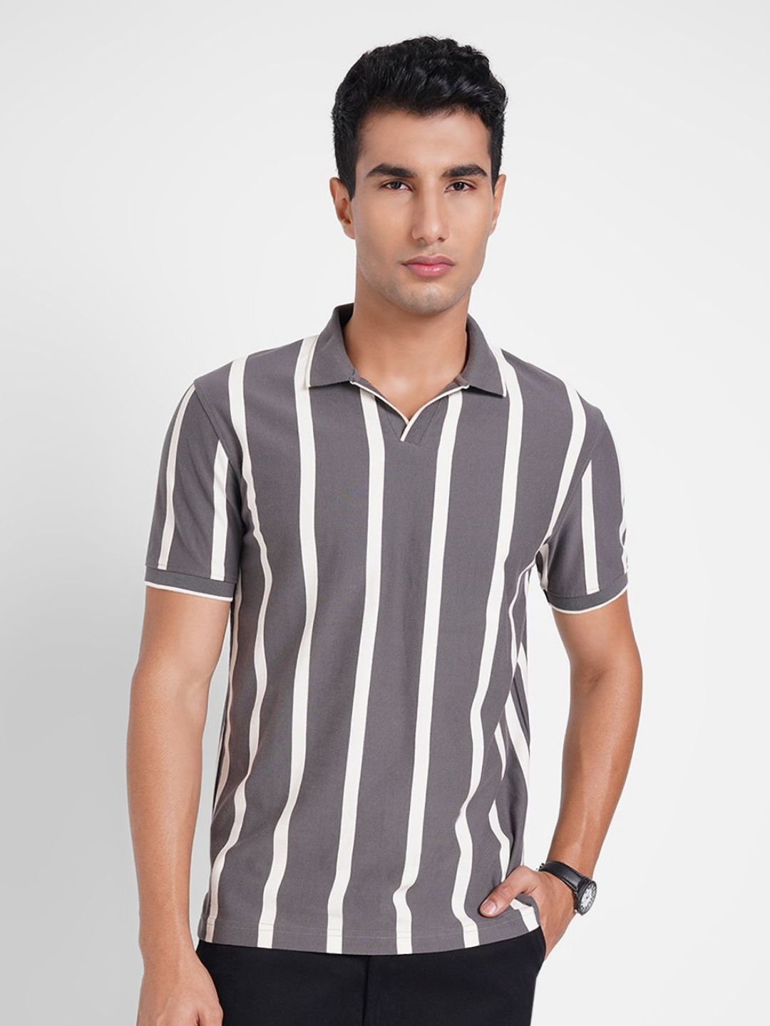 Peregrine by Pantaloons Striped Printed Polo Collar Regular Sleeves Regular Fit T-shirt