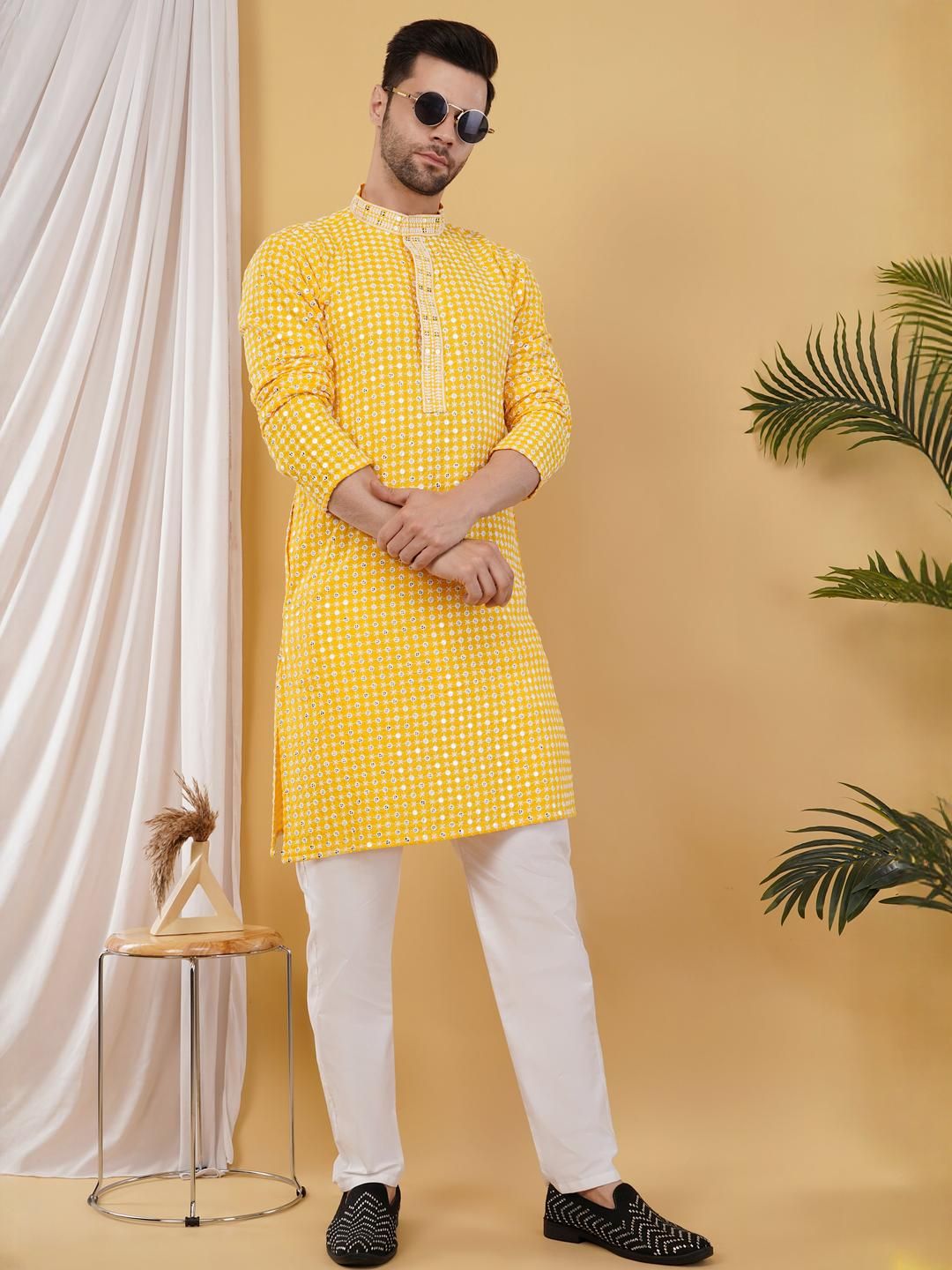 ADHIRAJAN Men Yellow Cotton Kurtas