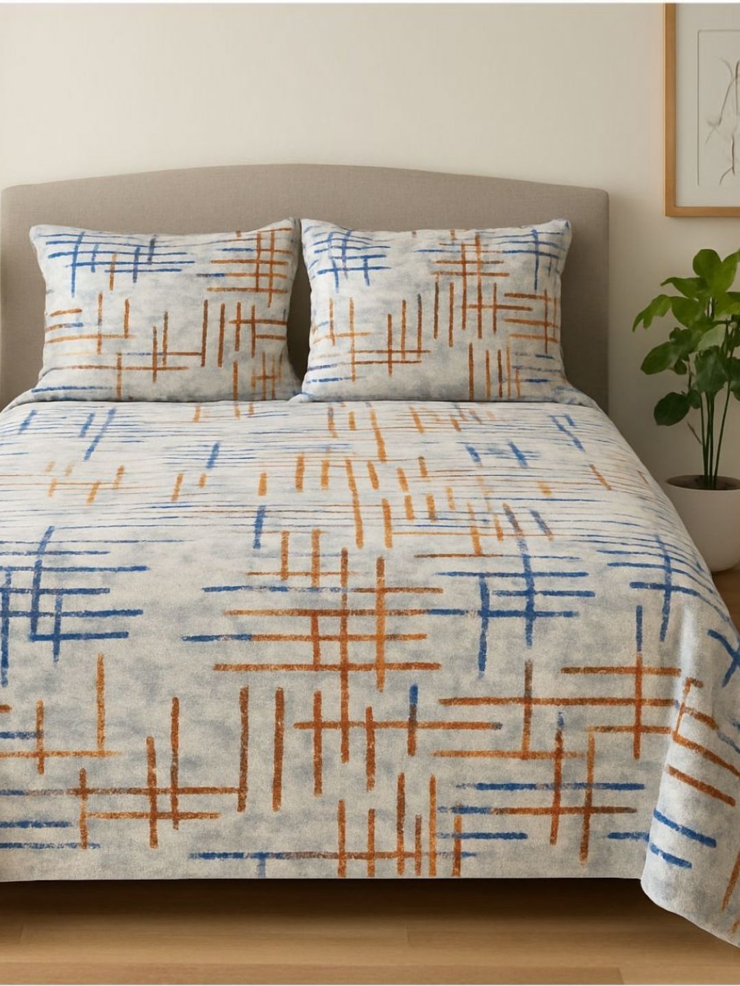 Aura Blue & Brown 144 TC Queen Bedsheet with 2 Pillow Covers