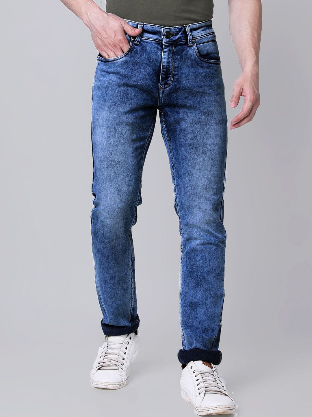 fineblu Men Slim Fit Mid-Rise Heavy Fade Stretchable Jeans