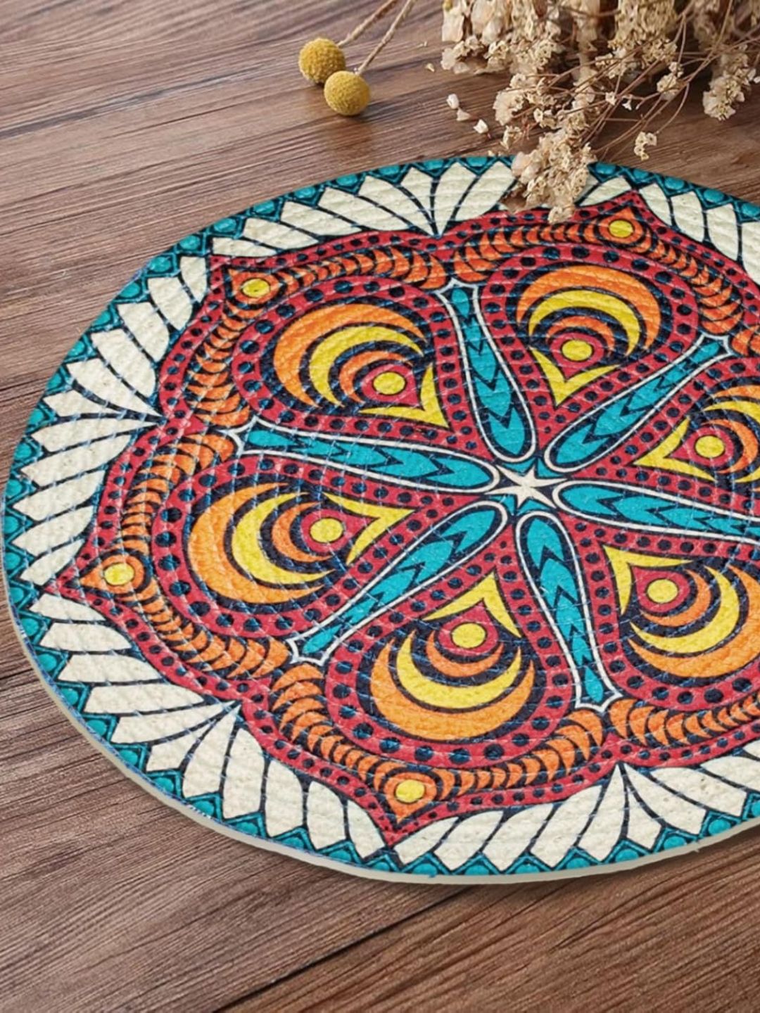 Yellow Weaves 4-Pcs Red & Yellow Printed Heat-Resistant Round Table Placemats