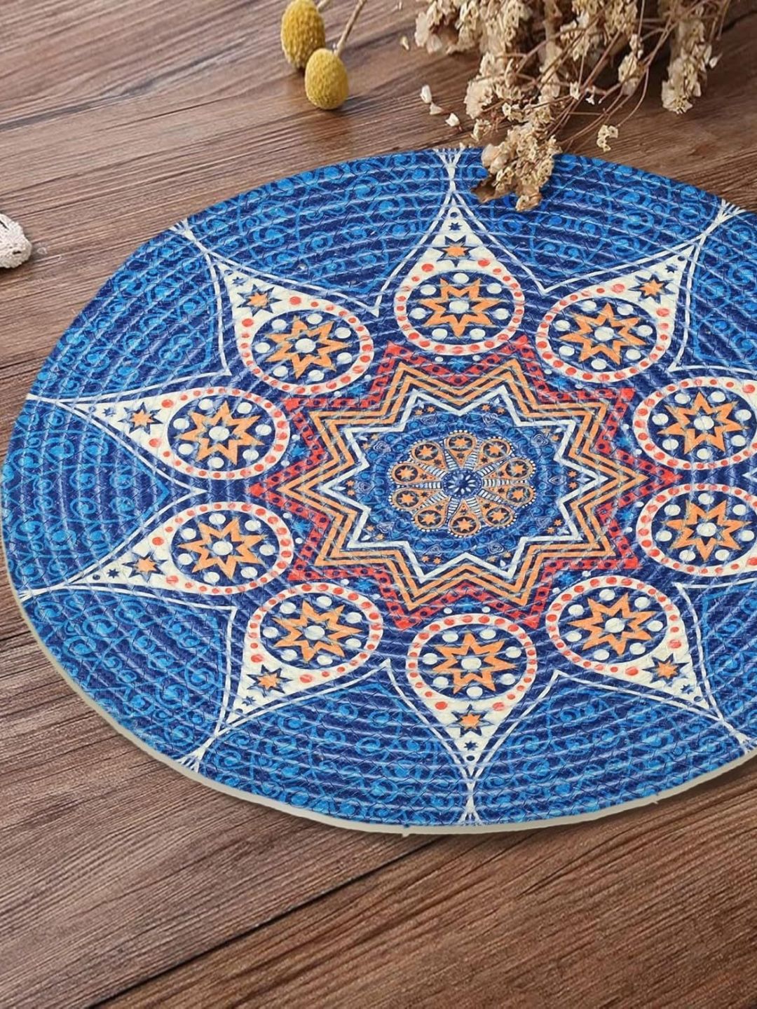 Yellow Weaves 4-Pcs Blue Printed Heat-Resistant Round Table Placemats