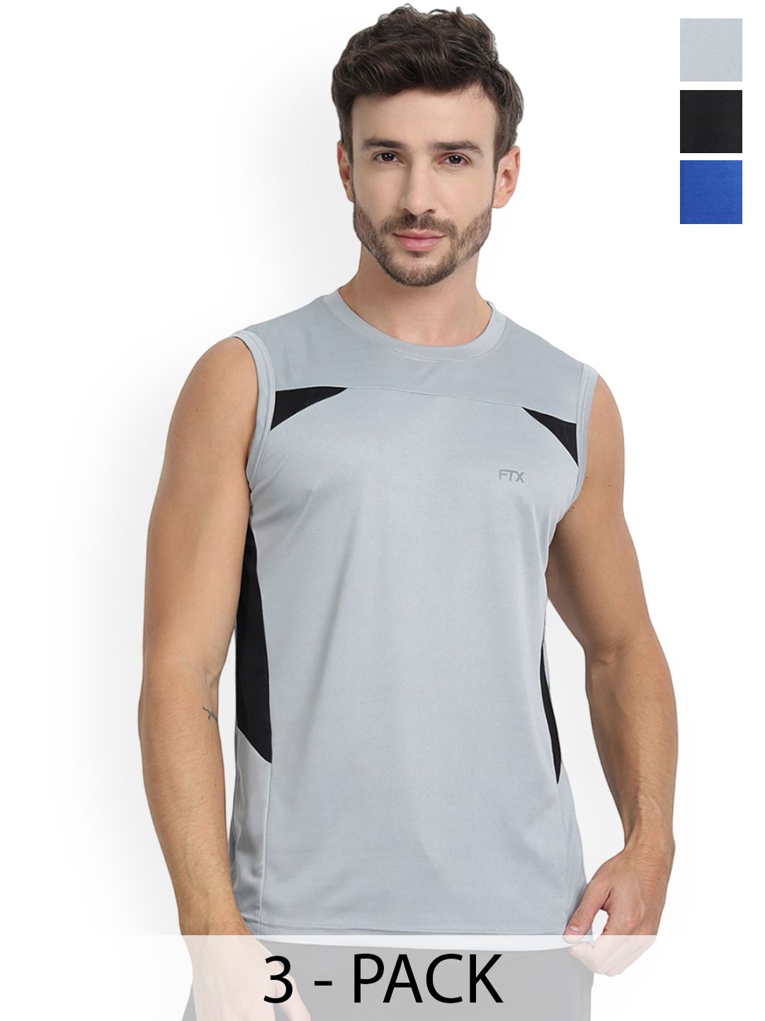 FTX Pack Of 3 Colourblocked Dry-Fit Round Neck Gym Vests 709-1_709-9_709-12-S