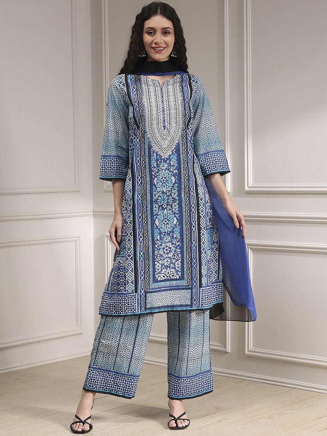 Biba Biba Ethnic Motifs Printed Notch Neck Pure Cotton Kurta With Palazzos & Dupatta