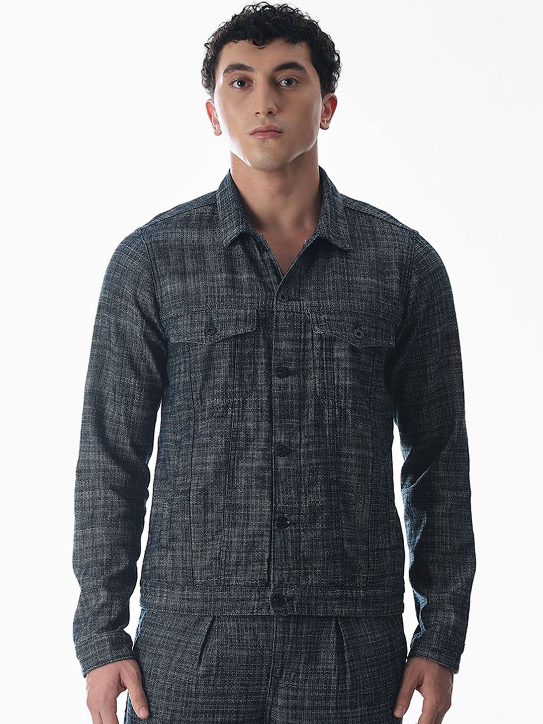 Jack & Jones Checked Shirt Collar Pure Cotton Denim Jacket