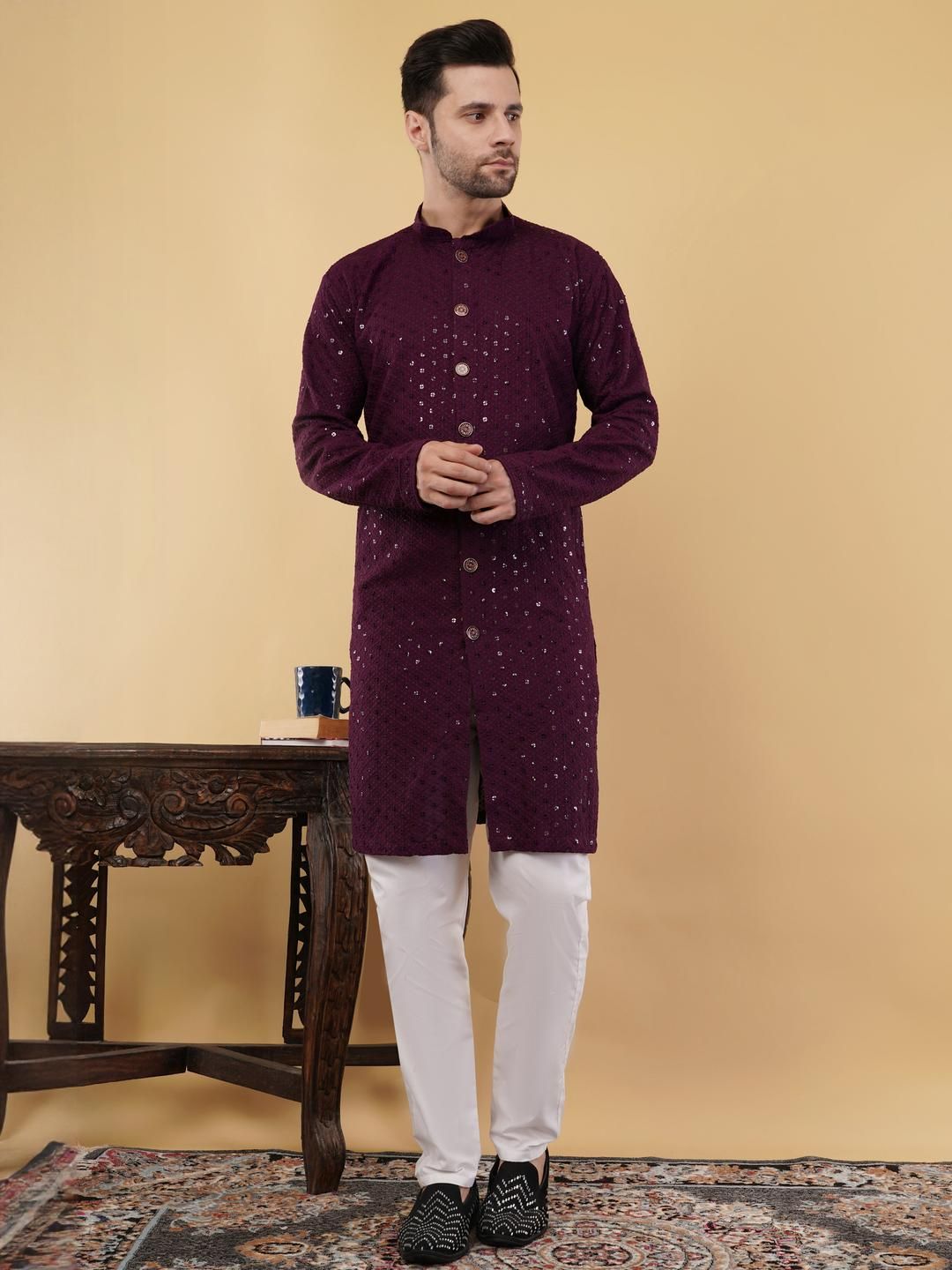 ADHIRAJAN Men Purple Cotton Kurtas