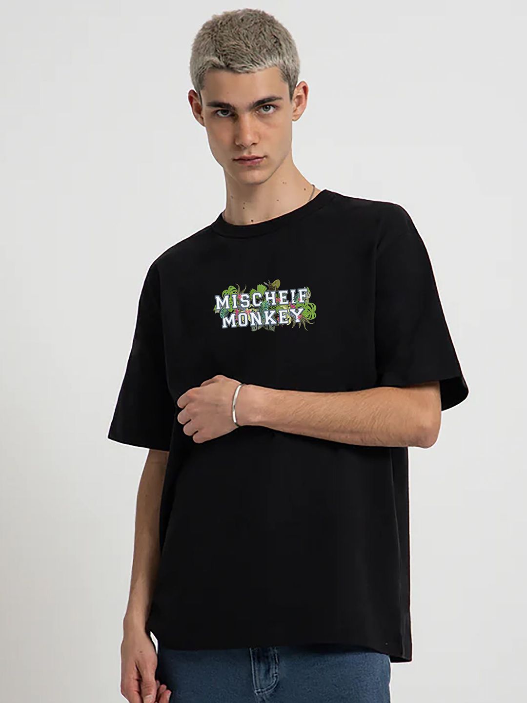 MISCHIEF MONKEY Men Typography Printed Round Neck Pure Cotton T-shirt