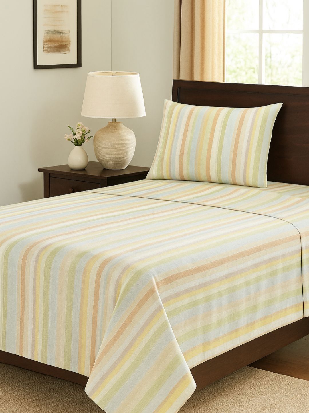 Aura Yellow & Blue Floral Striped Microfiber 144 TC Queen Bedsheet Set 2.25 m x 2.50 m