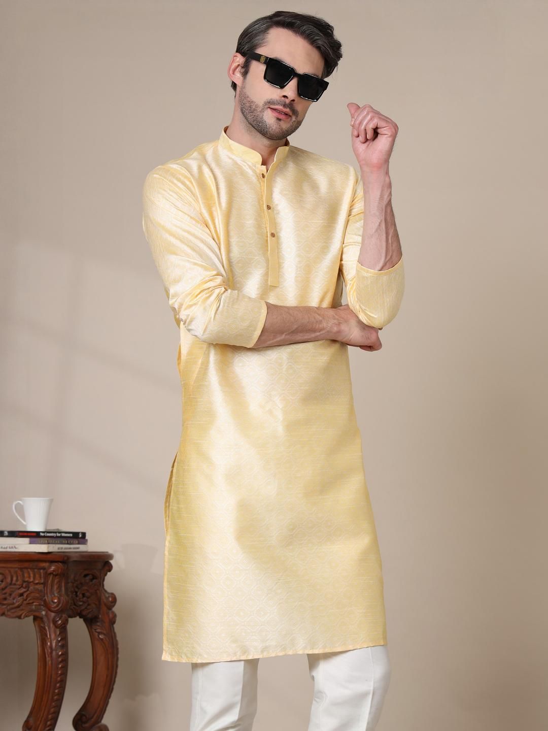 ADHIRAJAN Men Yellow  Cotton Silk Kurtas