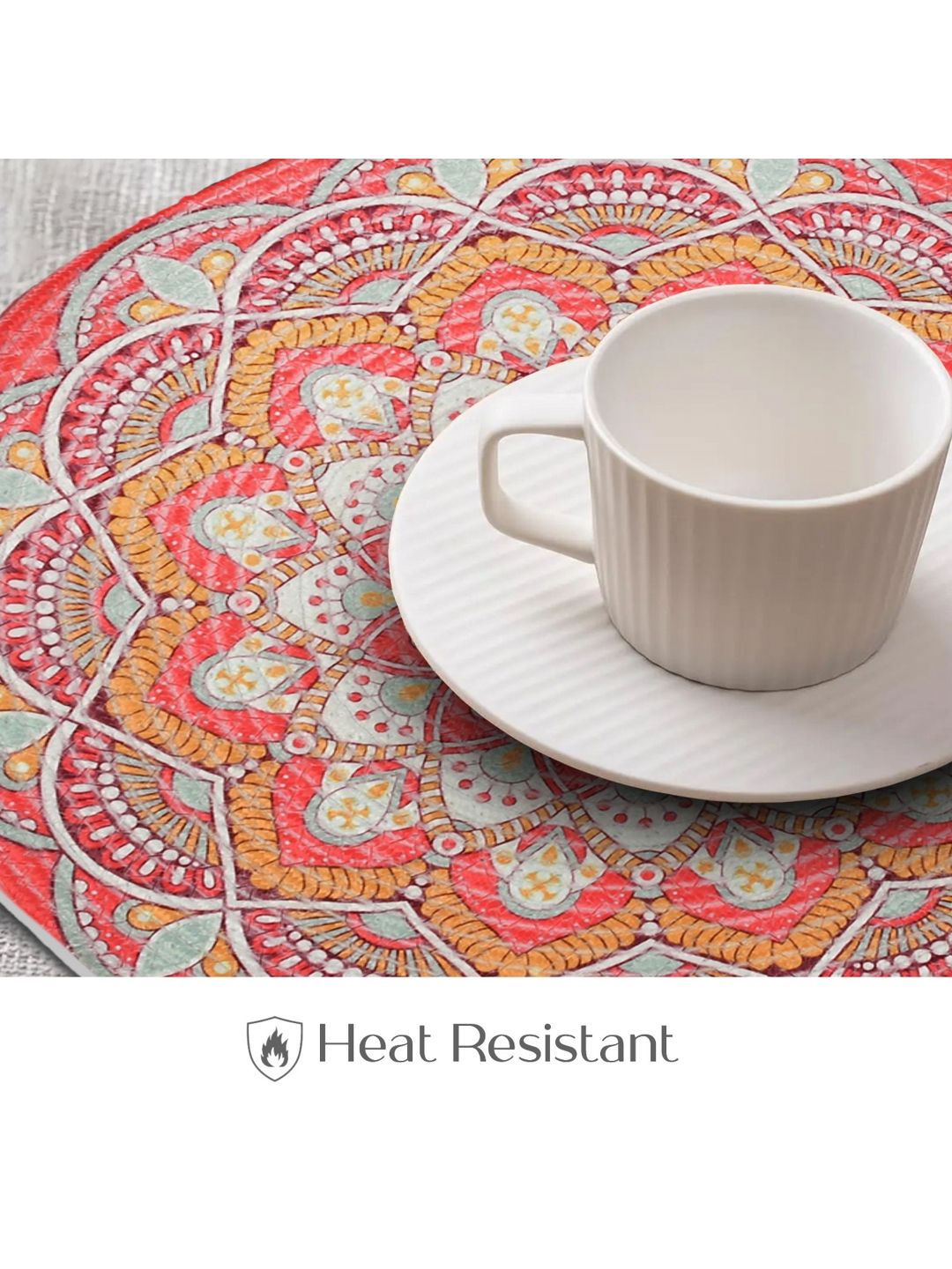 Yellow Weaves 4-Pcs Orange-Colored & White Printed Heat-Resistant Round Table Placemats