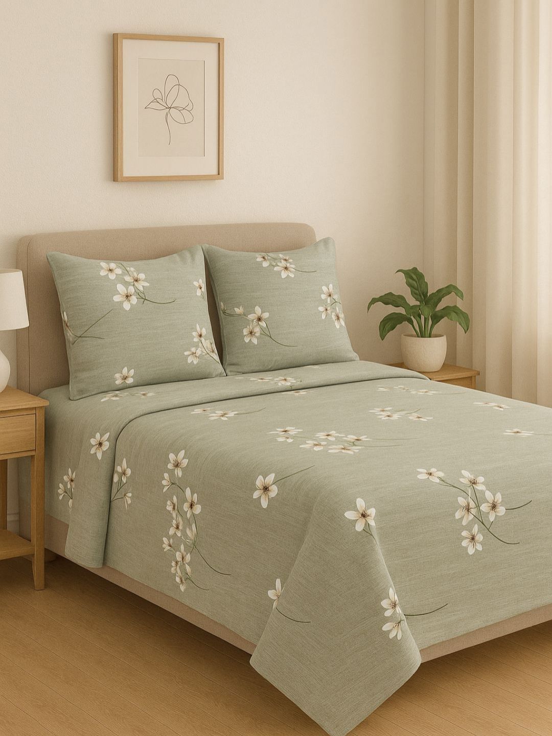 Aura Green & White Floral 144 TC Queen Bedsheet with 2 Pillow Covers