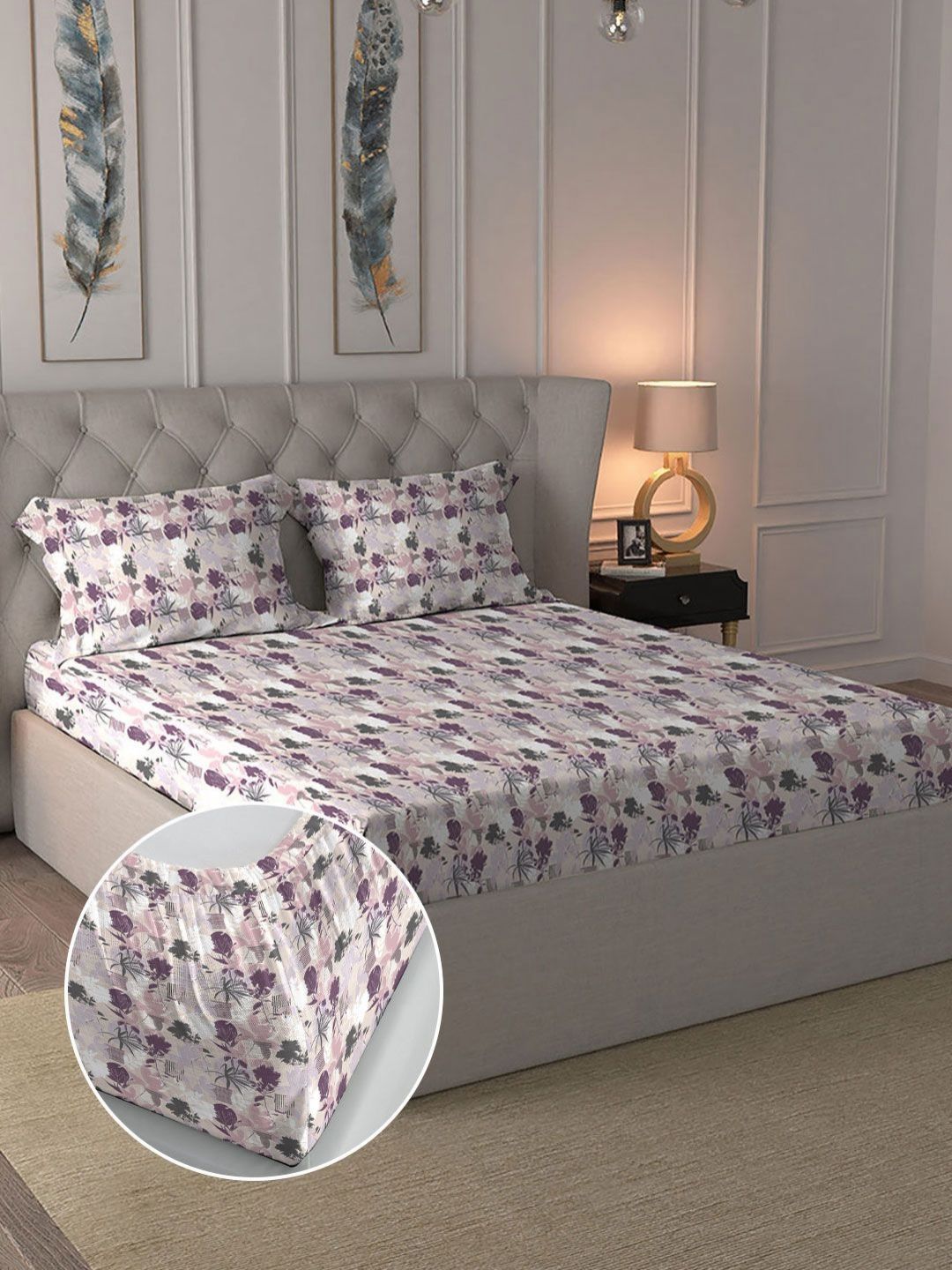 144 TC King 2 Pillow Covers MYTRIDENT White & Purple Floral 144 TC King Bedsheet with 2 Pillow Covers