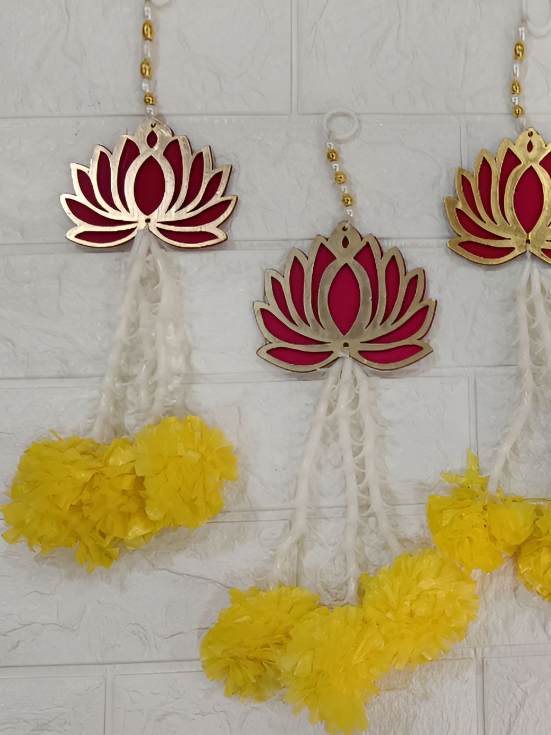 Nutts 5-Pcs Pink & Yellow Wooden Lotus Hanging FestiveDecor