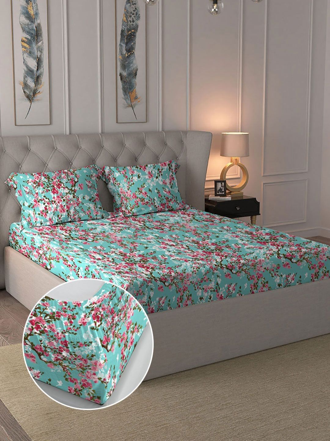 144 TC King 2 Pillow Covers MYTRIDENT Blue & Pink Floral 144 TC King Bedsheet with 2 Pillow Covers