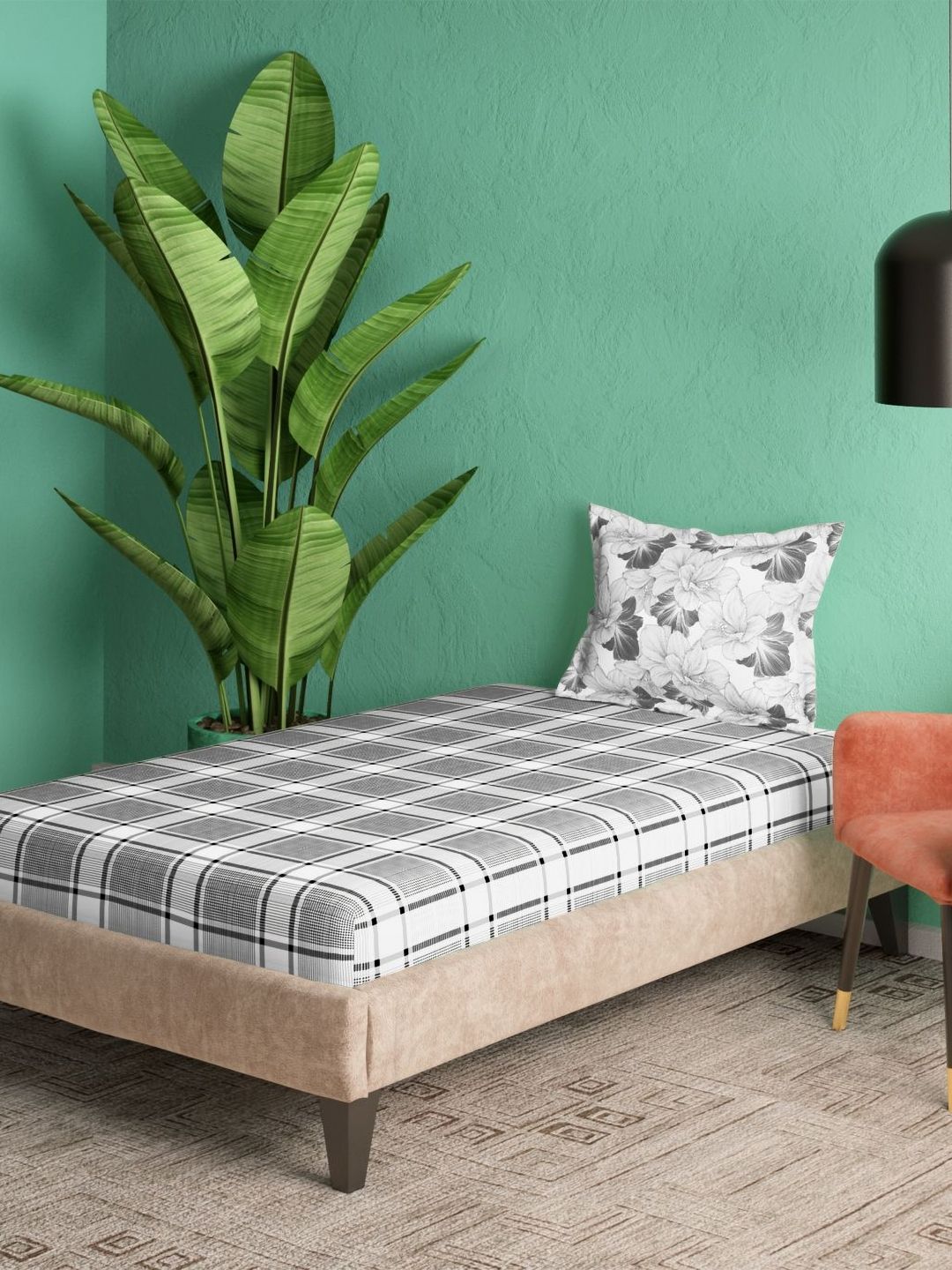 Portico Black & White 144 TC Single Bedsheet with 1 Pillow Covers