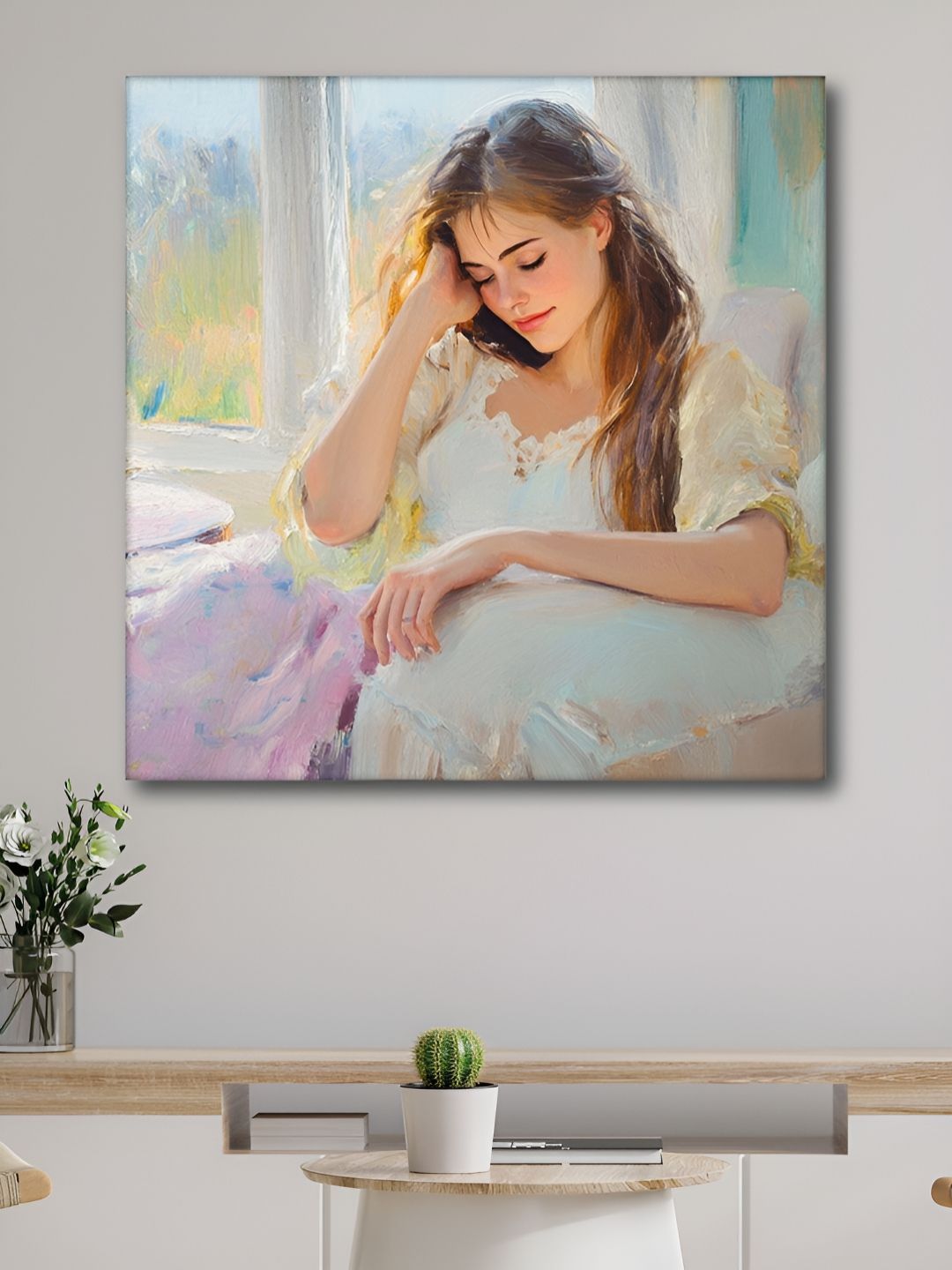 Myntra Elegant Homes White & Pink Girl Sitting Canvas Wall Art
