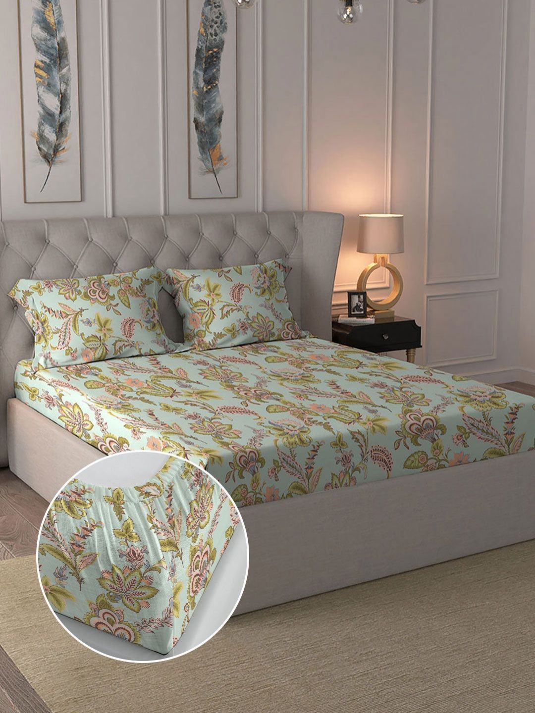 Bedsheet With 2 Pillow Covers MYTRIDENT Blue & Green Floral Cotton 144 TC Fitted Double King Bedsheet Set-1.8mx1.98m