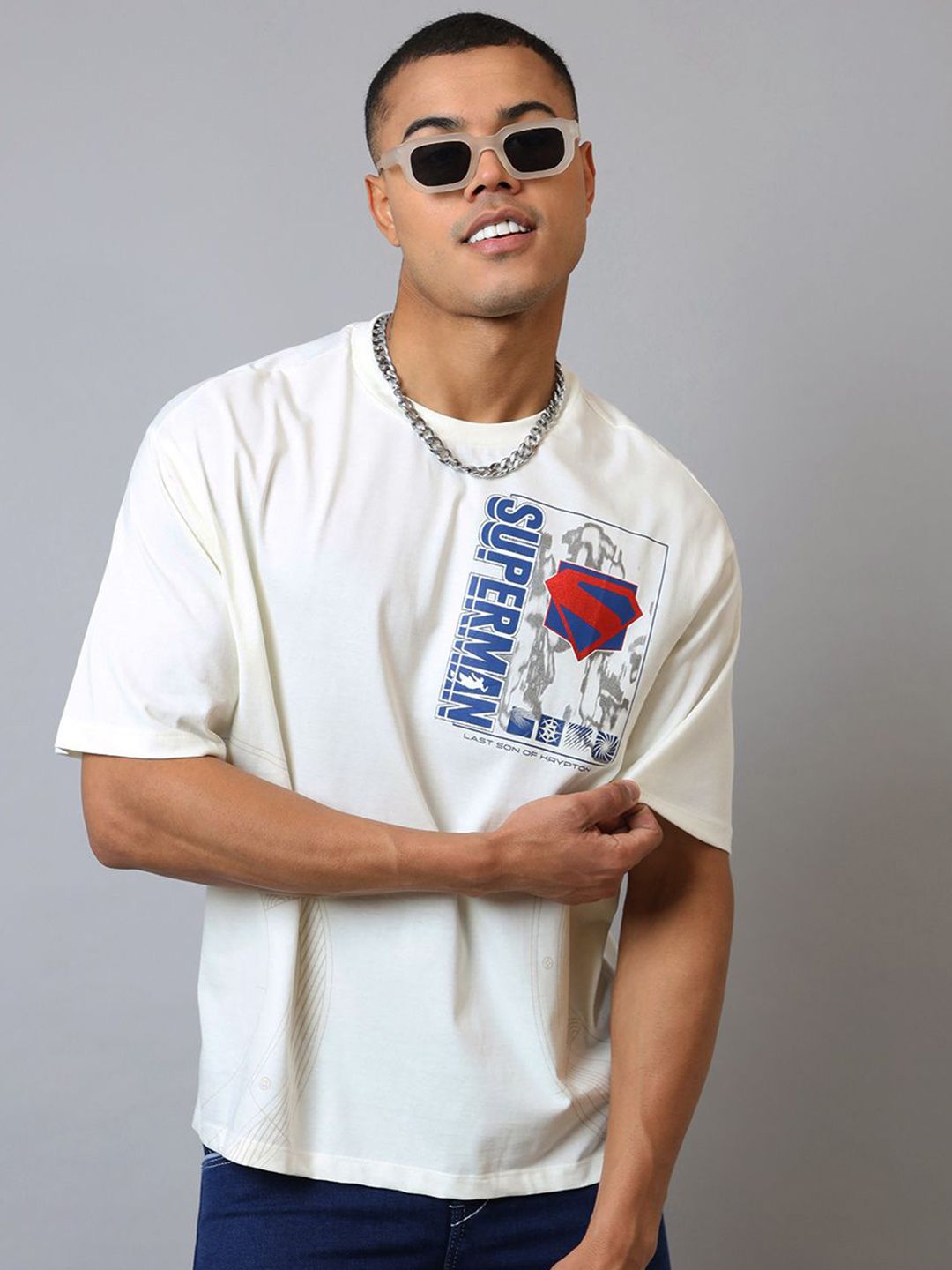 Free Authority Men Superman Graphic Printed Round Neck Pure Cotton Oversized T-shirt