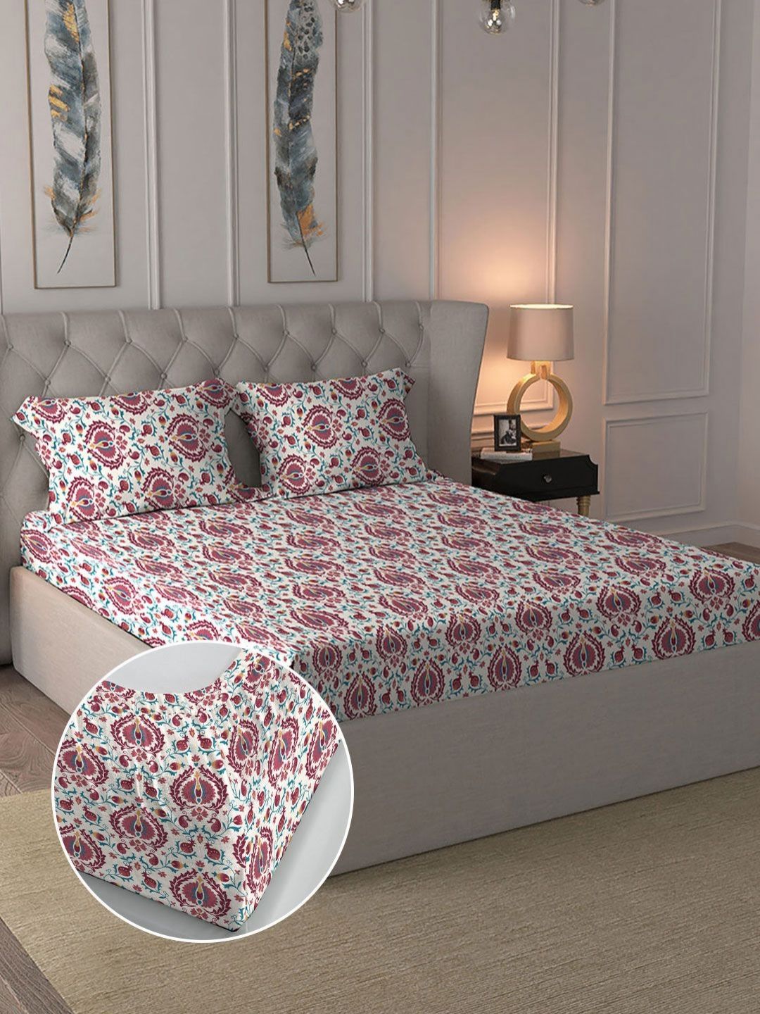 Bedsheet With 2 Pillow Covers MYTRIDENT White Ethnic Motifs Cotton 144 TC Fitted Double King Bedsheet Set-1.8mx1.98m