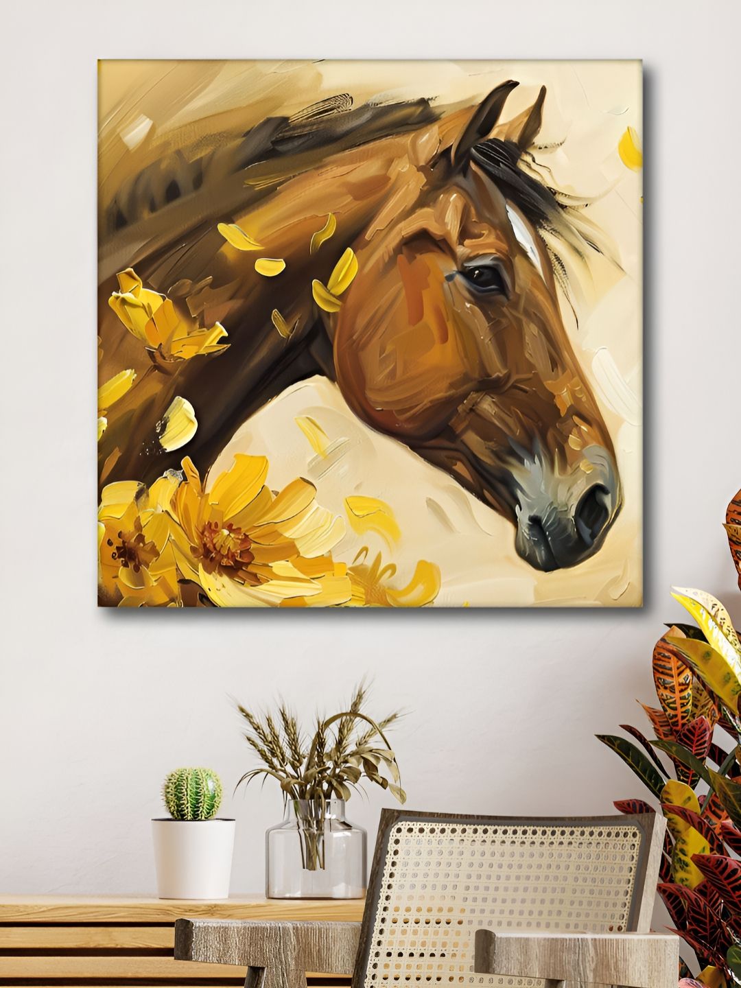 Myntra Elegant Homes Canvas Yellow & Brown Horse Canvas Wall Art