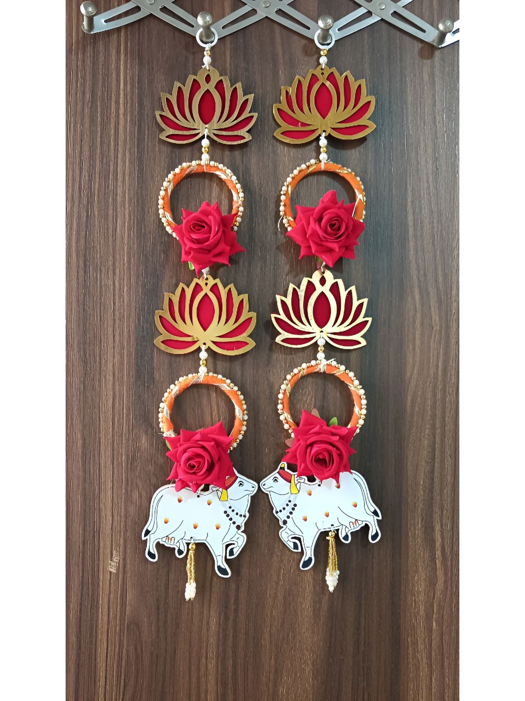 Nutts 2-Pcs Red & Yellow Wooden Lotus Hanging FestiveDecor