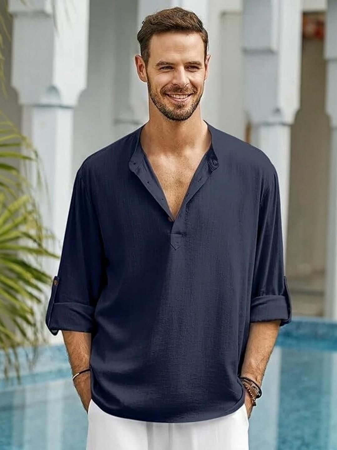 Edin Men Navy Blue Straight Blended Kurtas