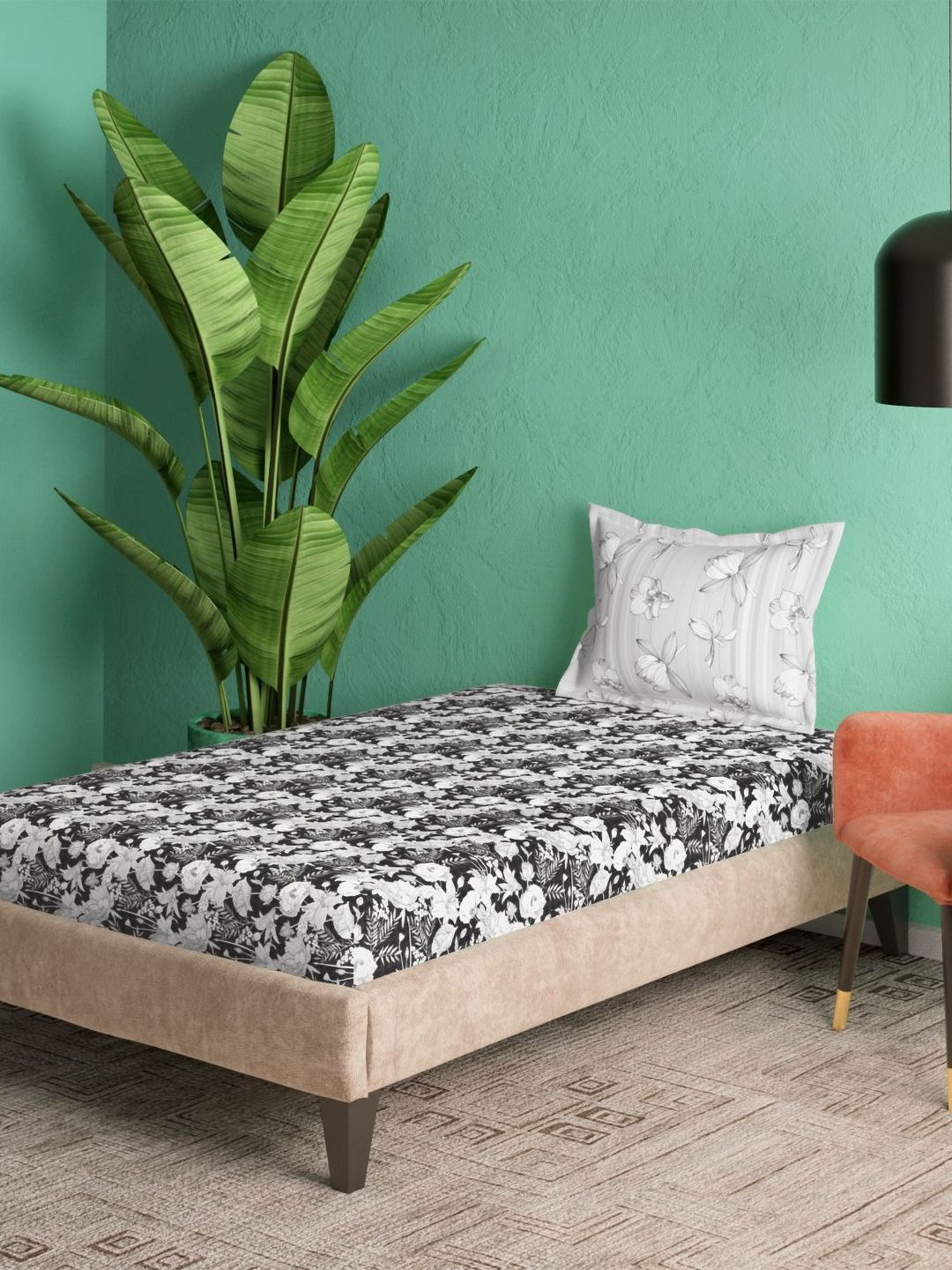 Portico Noir Harmony Black & White Printed Cotton 144 TC Single Bedsheet Set 2.24 x 1.5 m