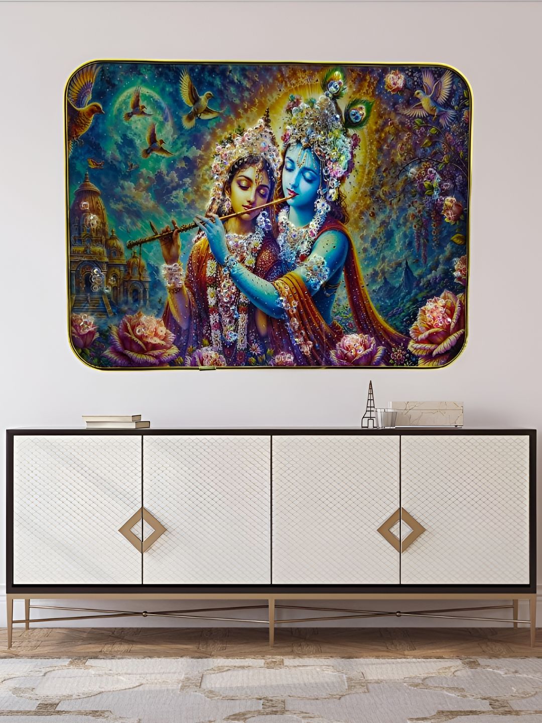 SHRI KHATU SHYAM CREATION Blue & Yellow Radha Krishna Printed Religious Wall Art