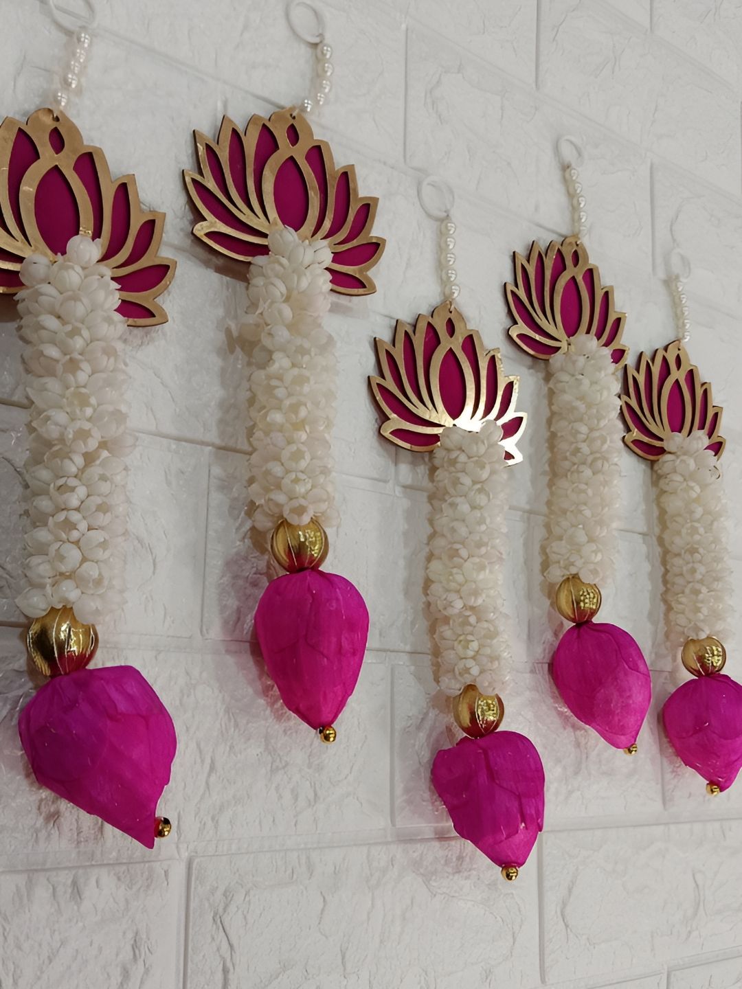 Nutts 5-Pcs Pink & Yellow Wooden Lotus Hanging FestiveDecor