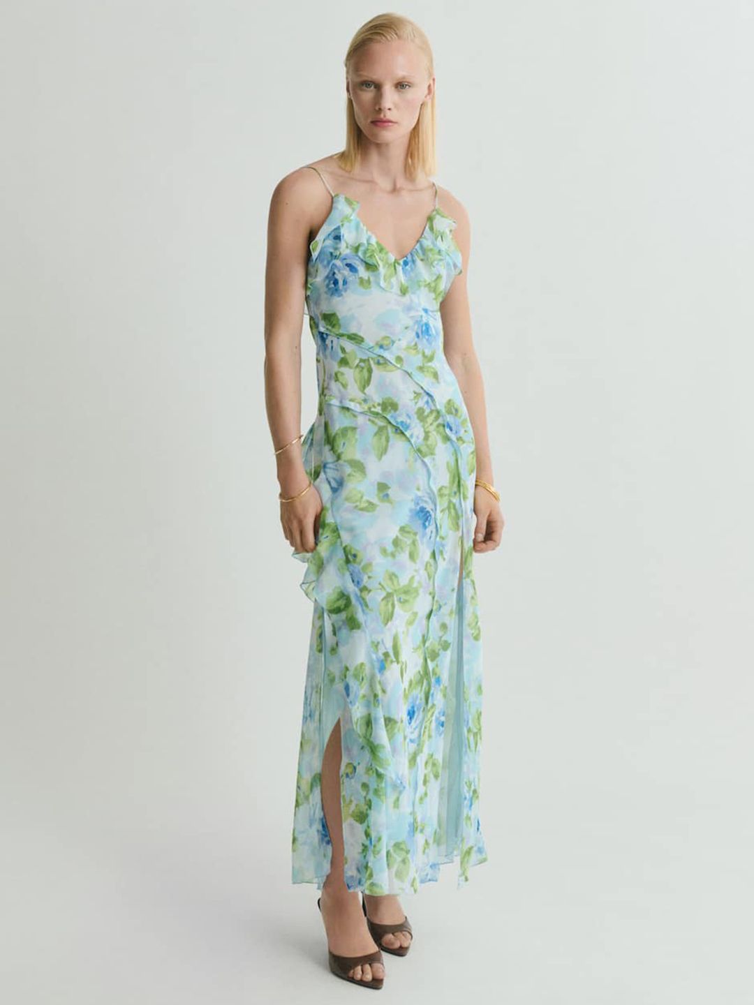 Floral Print Slit Ruffled A-Line Maxi Dress