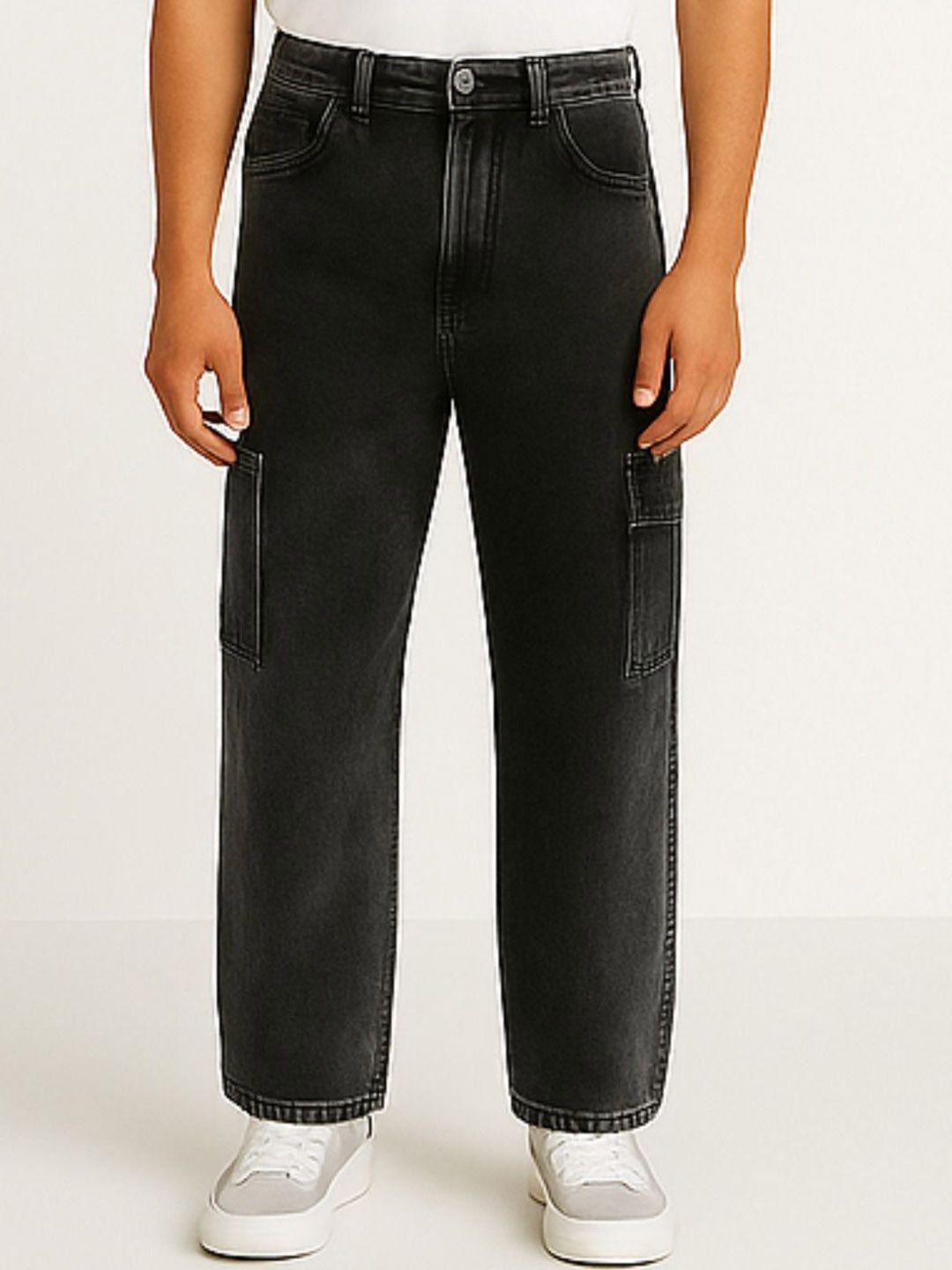 me Queen Men Wide Leg Mid-Rise Light Fade Cotton Jeans