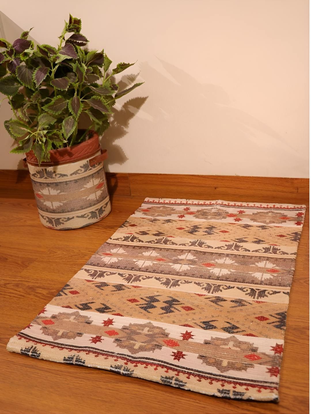 Mona B Beige & Brown Vintage Printed Anti-Skid Dhurrie