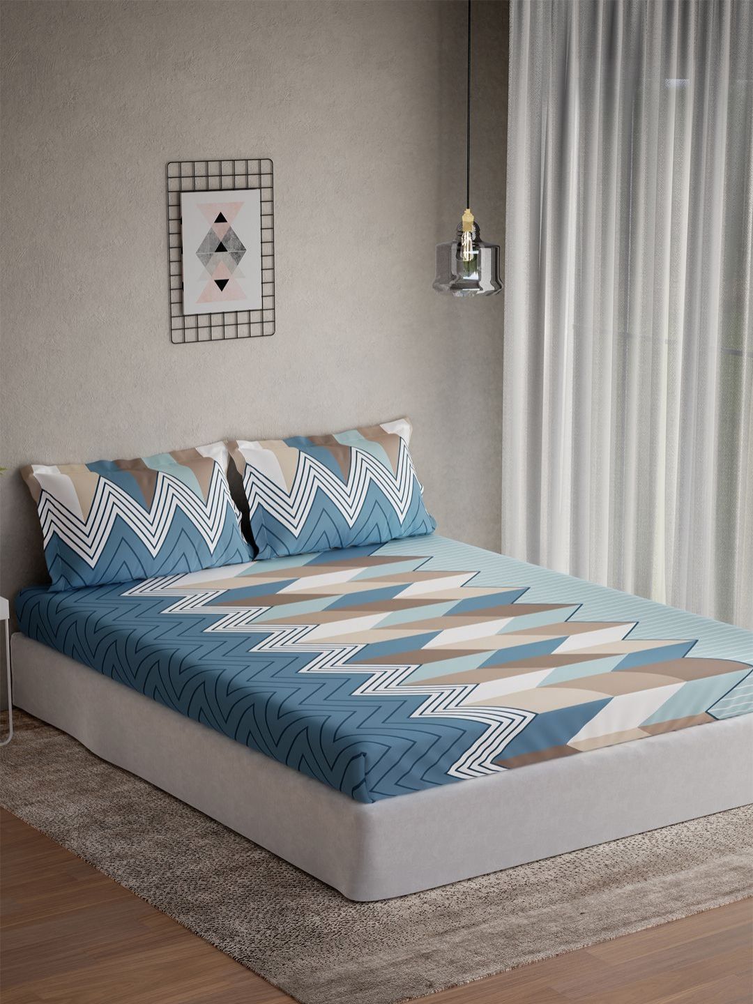 DDecor Vega Collection Blue Geometric Cotton 145TC Queen Bedsheet with 2 Pillow Covers