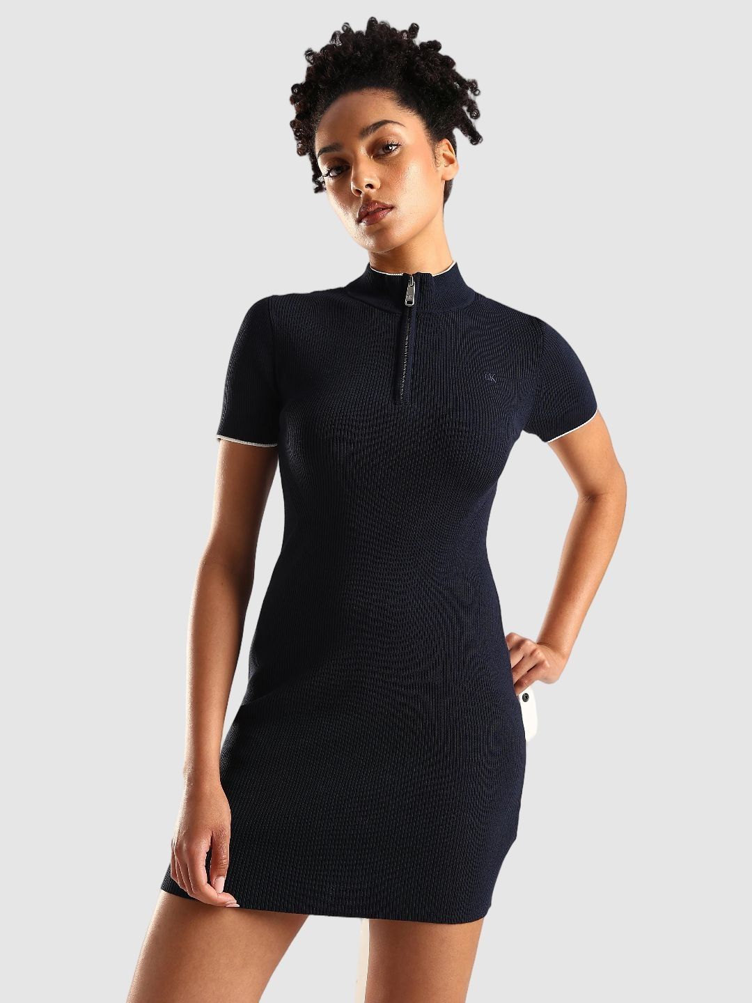 Calvin Klein Jeans Women Self Design Mock Neck Half Zip Sheath Dress