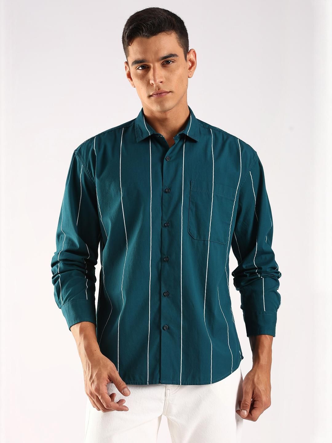 HERE&NOW Men Vertical Striped Spread Collar Cotton Casual Shirt
