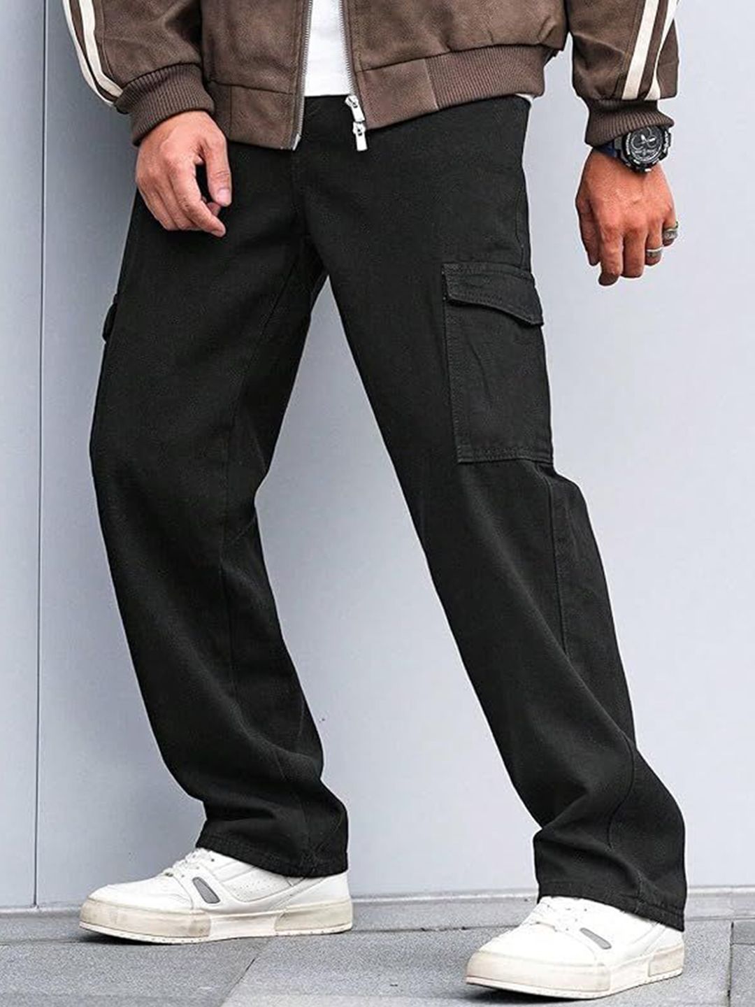 me Queen Men Wide Leg Mid-Rise Cotton Cargo Jeans