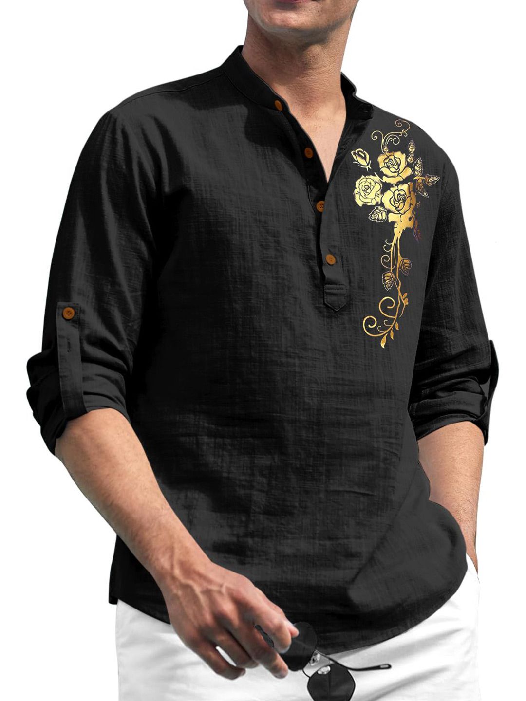 Zombom Men Floral Printed Mandarin Collar Straight Kurta