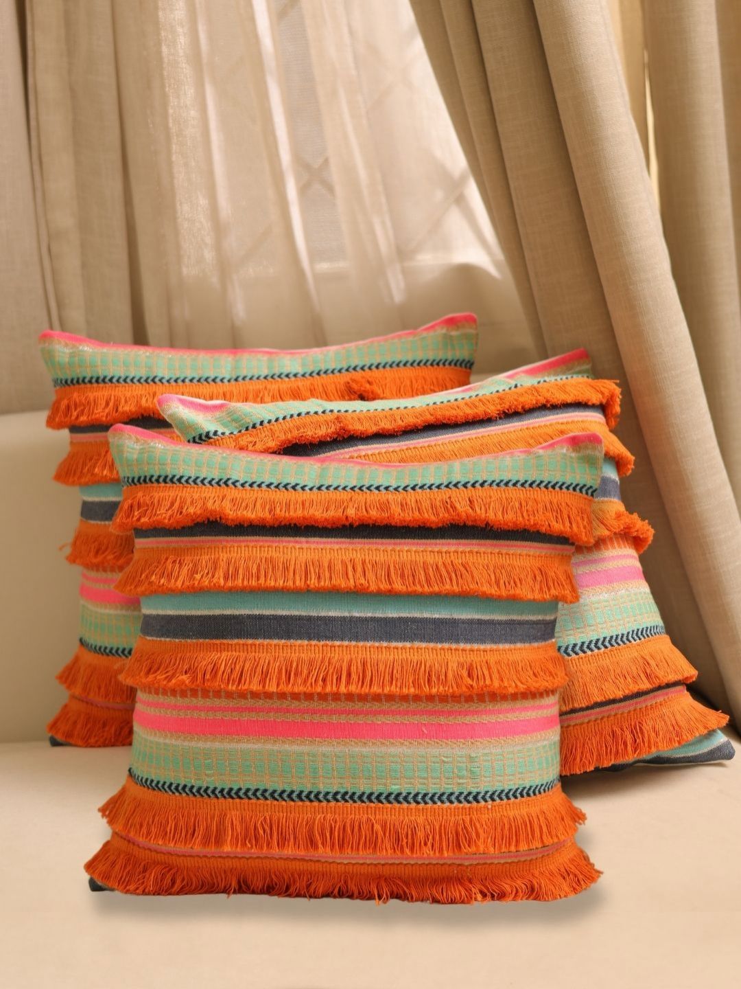 SLEEPY THREADS 3 Pieces Orange & Red Striped Square Cotton Cushion Covers