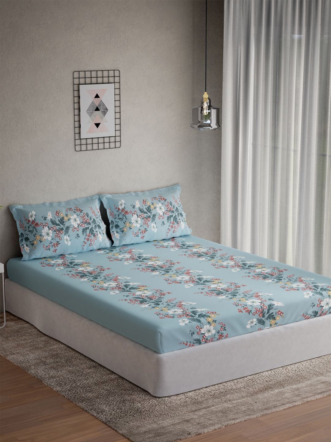 DDecor Vega Collection Blue Floral Cotton 145TC Queen Bedsheet With 2 Pillow Covers