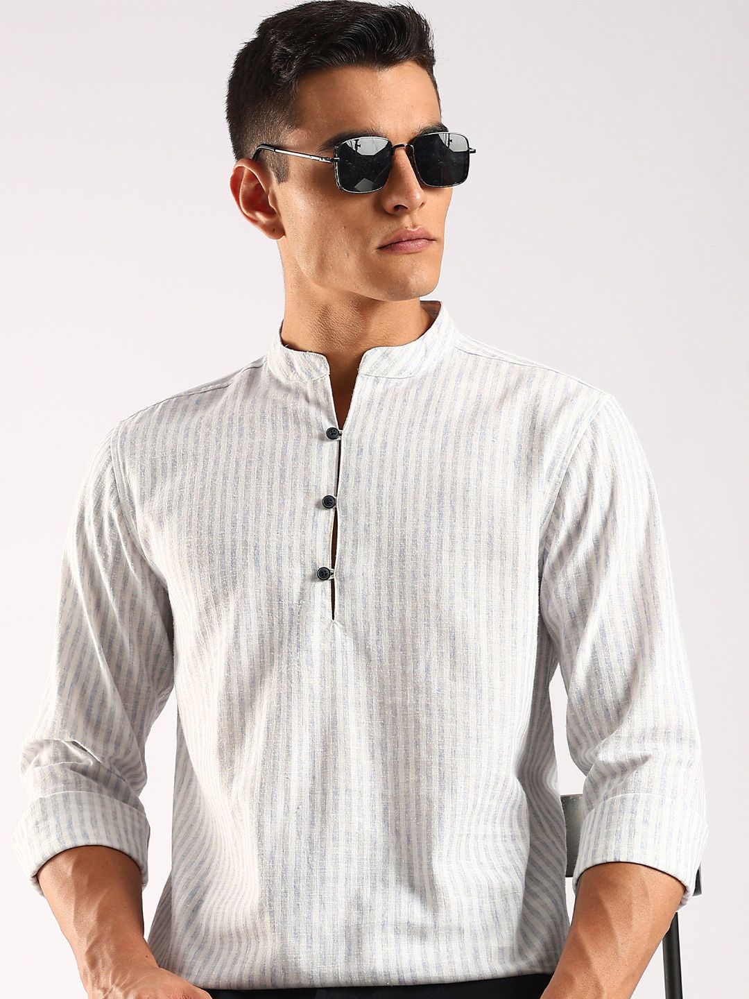 HERE&NOW Striped Mandarin Collar Straight Kurta