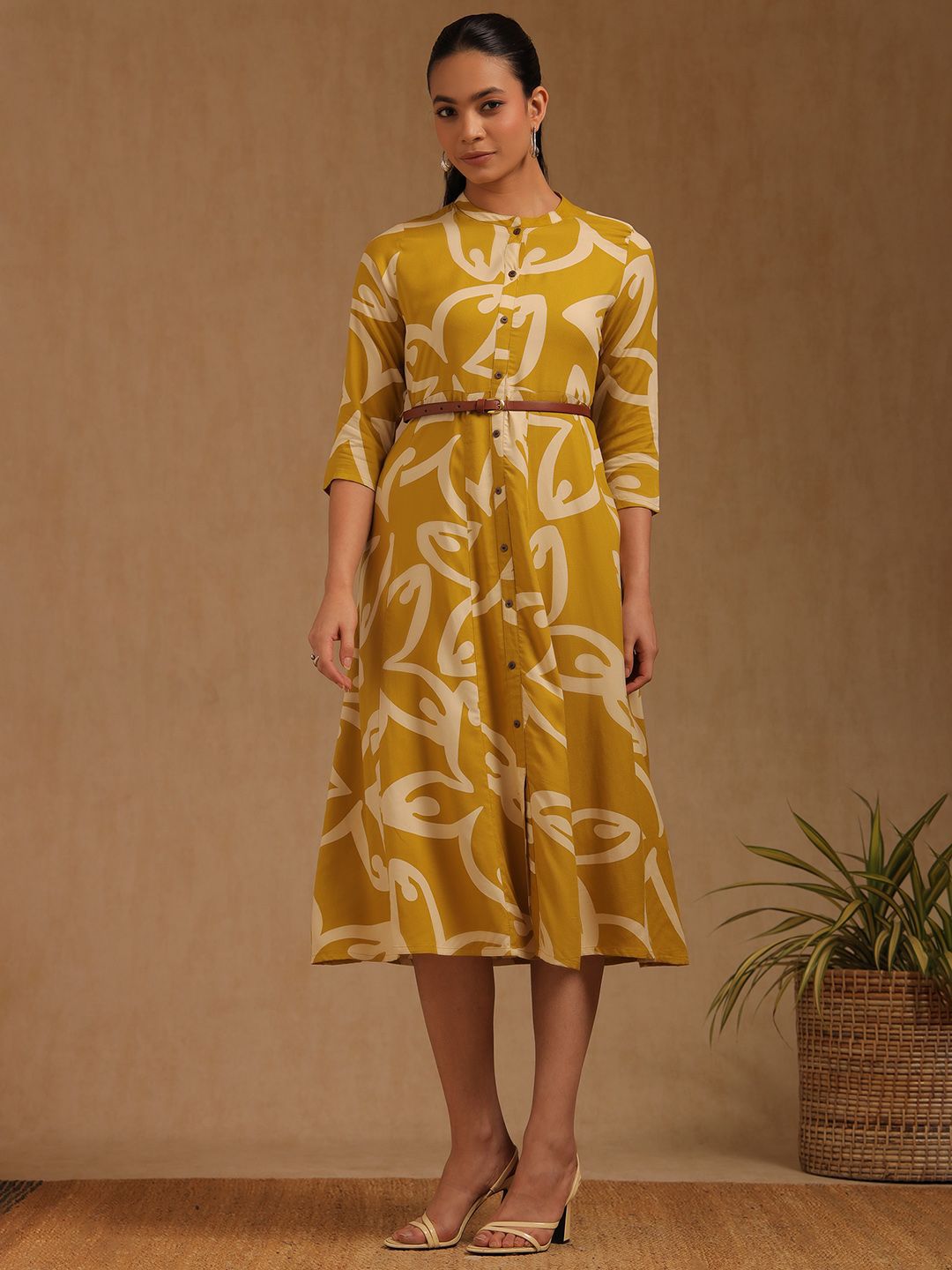 Soch Women Abstract Printed Mandarin Collar Fit & Flare Midi Dress