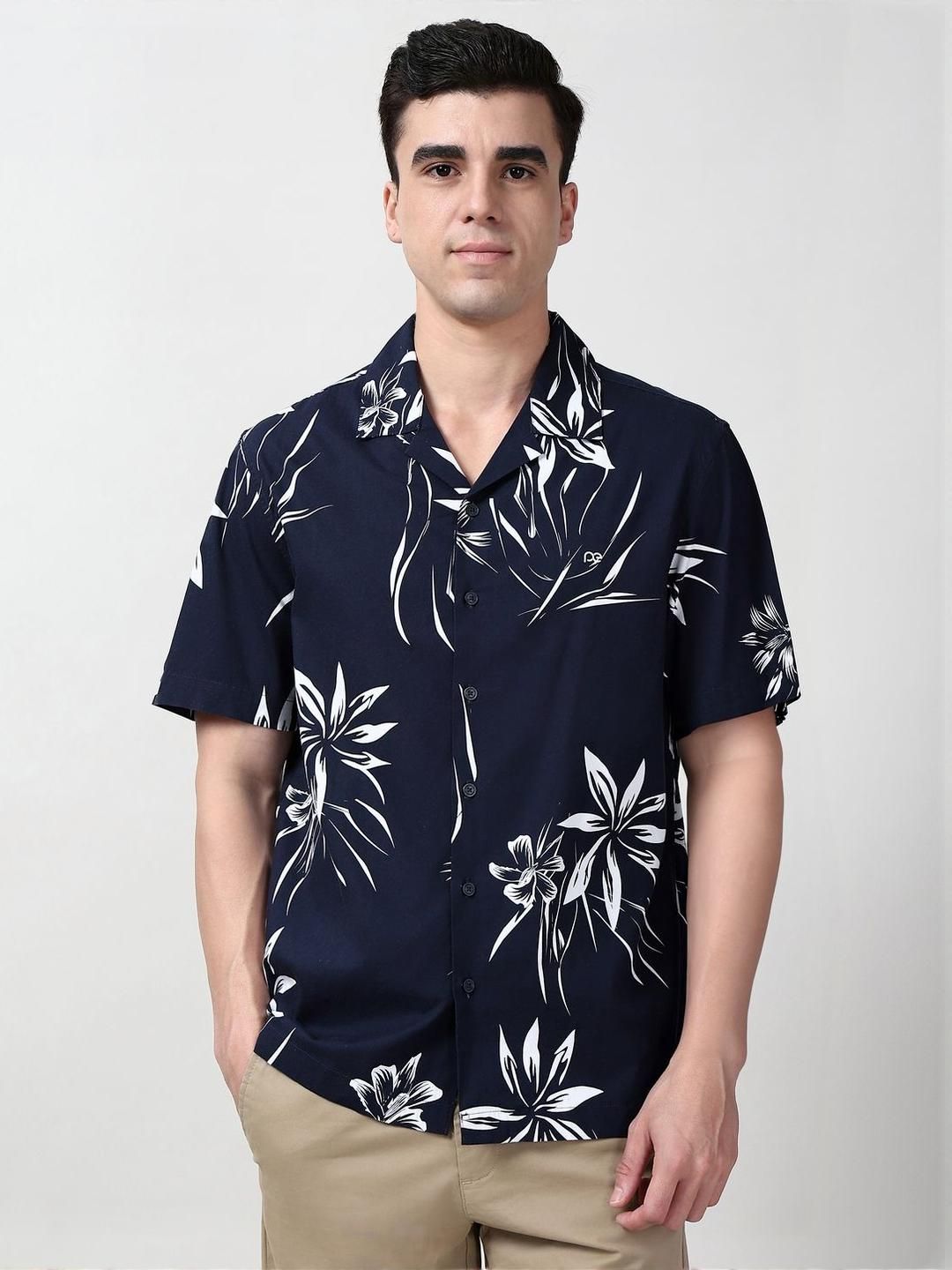 Peter England Casuals Floral Printed Cuban Collar Slim Fit Shirt