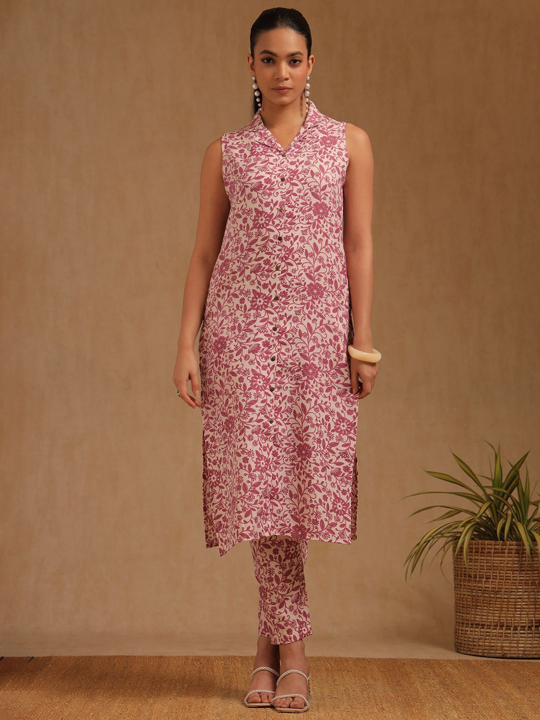 Soch Floral Printed Shirt Collar Linen Top With Trousers Co-Ords